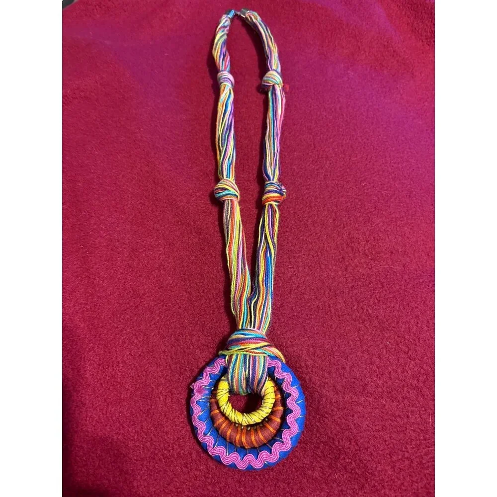 Handcrafted Rainbow Colors Statement Necklace Circular Pendant Boho Hippie Artsy